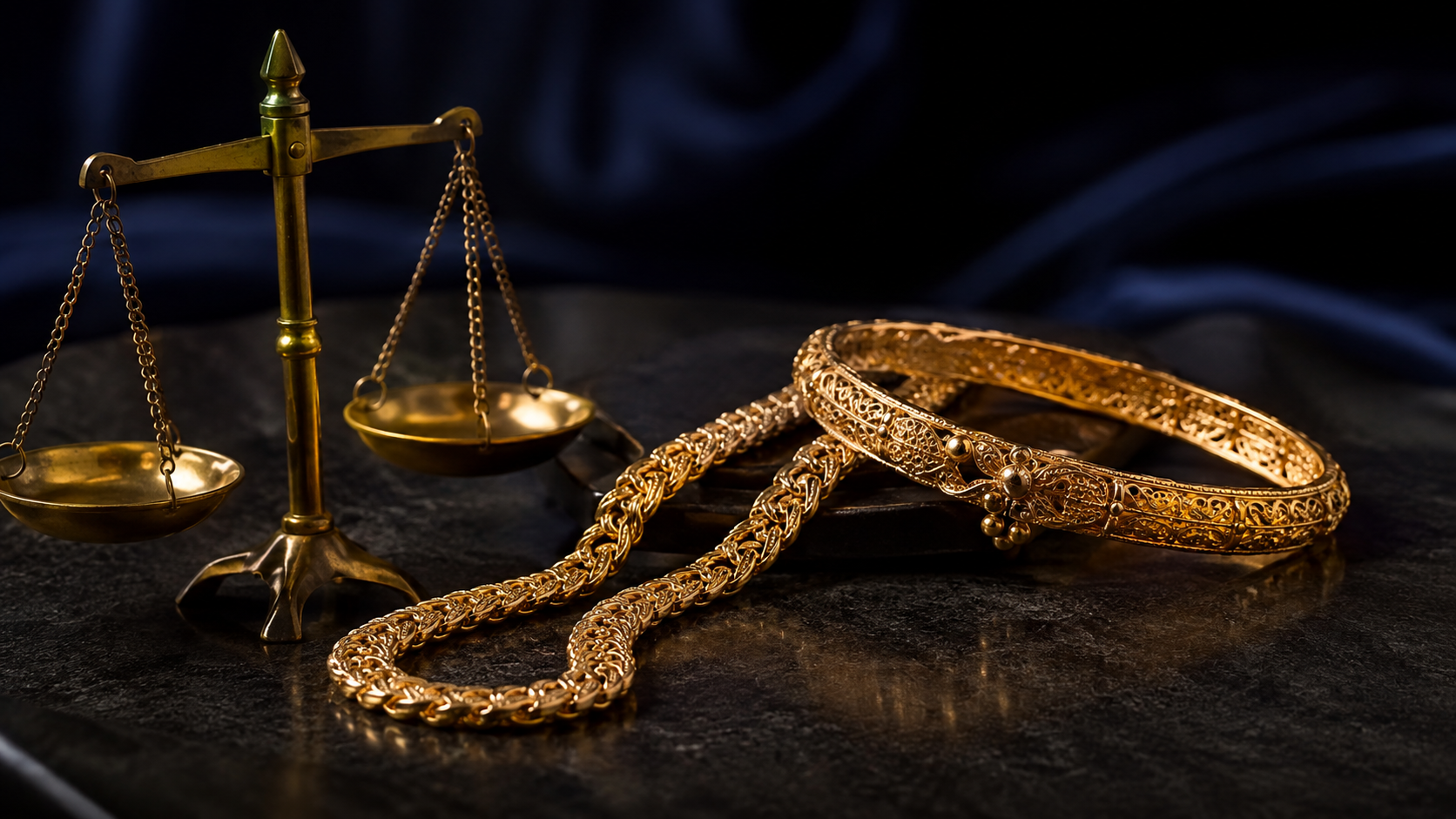 A gold chain and bangle laid on a counter beside a small brass weighing scale