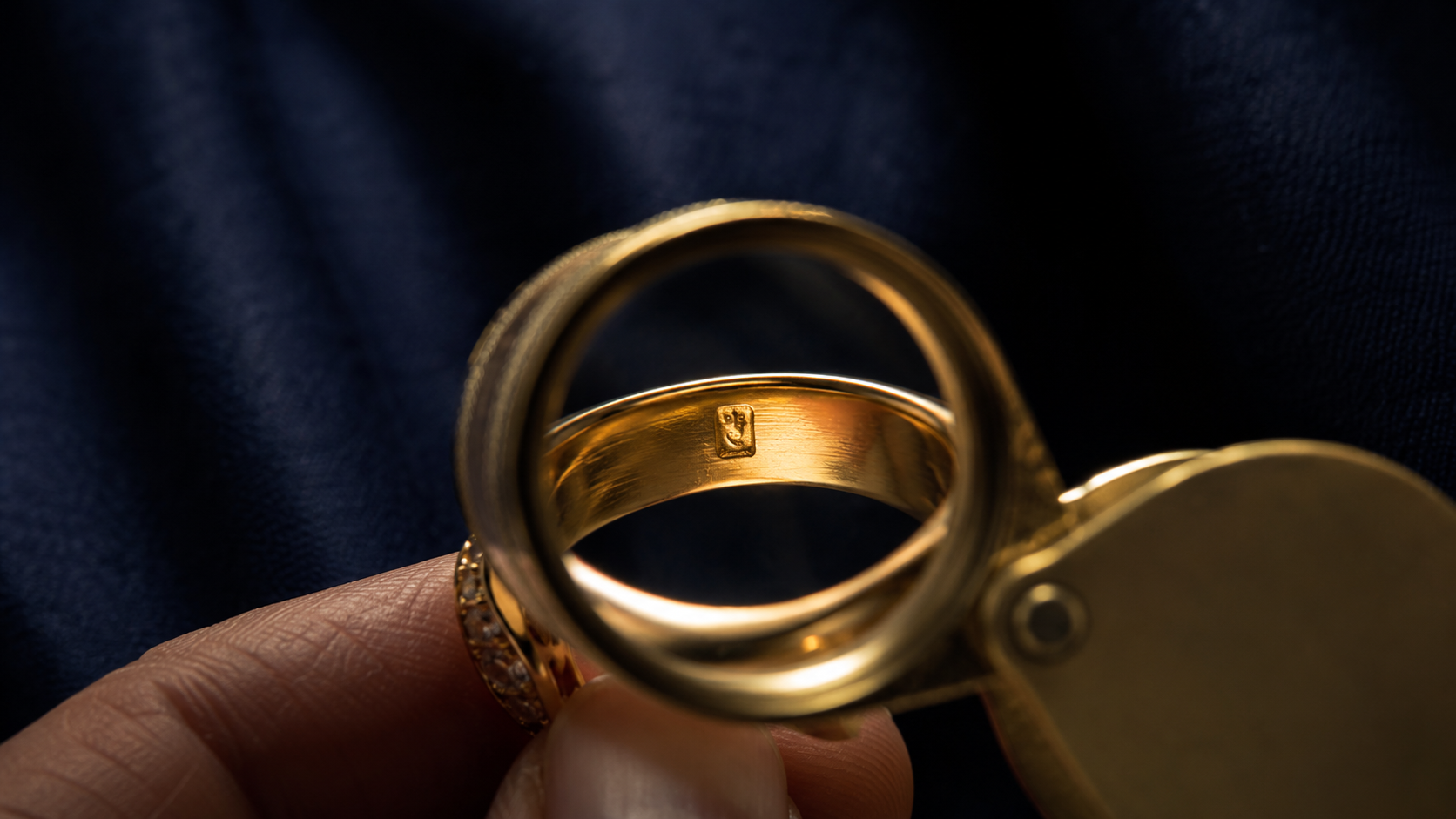 A jeweller's loupe held over the inside of a gold ring showing a tiny stamped hallmark