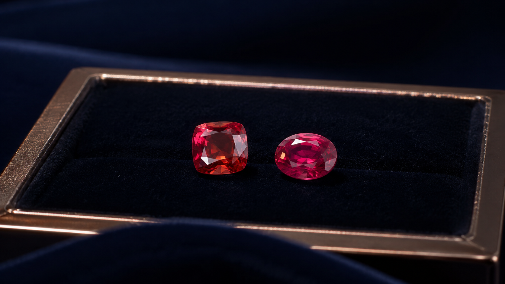 A loose red spinel and a loose ruby side by side on a black velvet tray