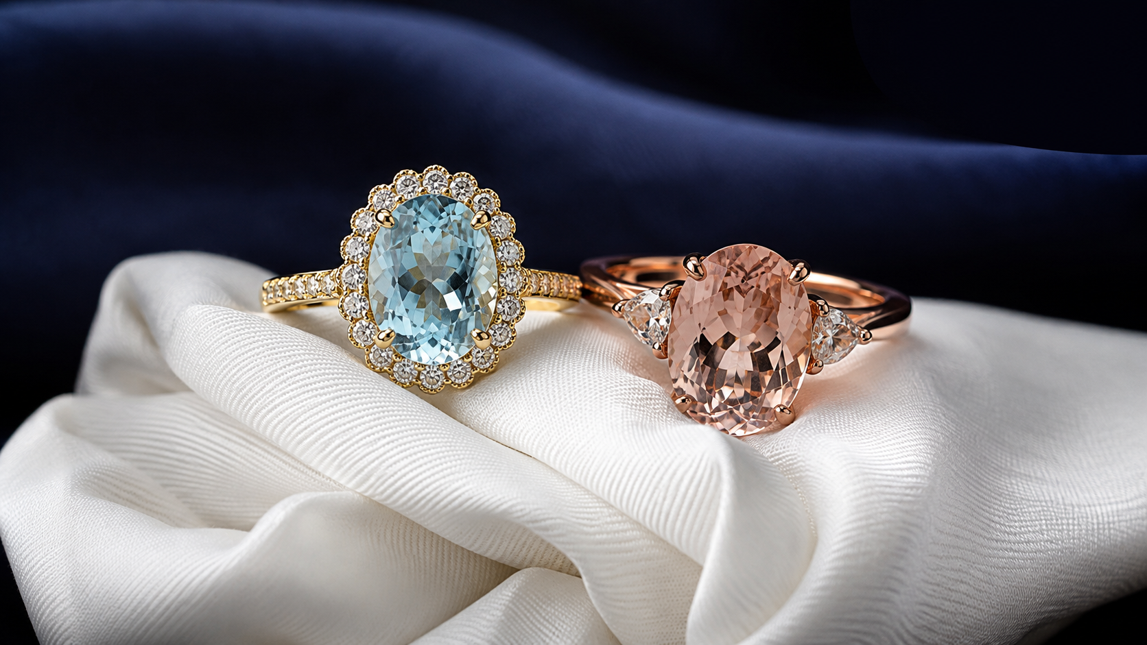A pale blue aquamarine ring and a peach-pink morganite ring on a folded white cloth