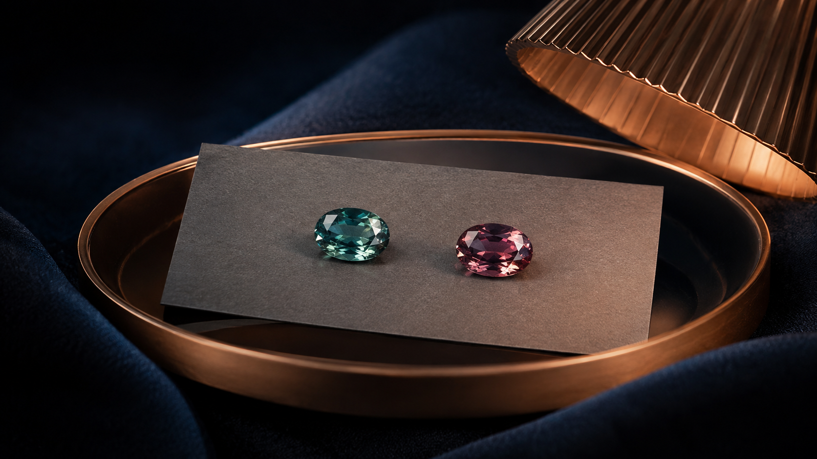A loose alexandrite shown twice on grey card, once greenish in daylight and once reddish under a warm lamp