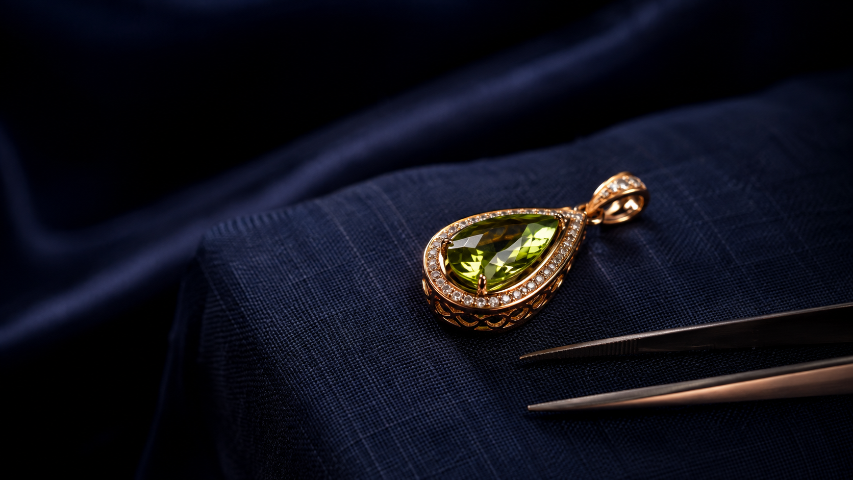 A yellow-green peridot pendant on a linen cloth beside a pair of tweezers