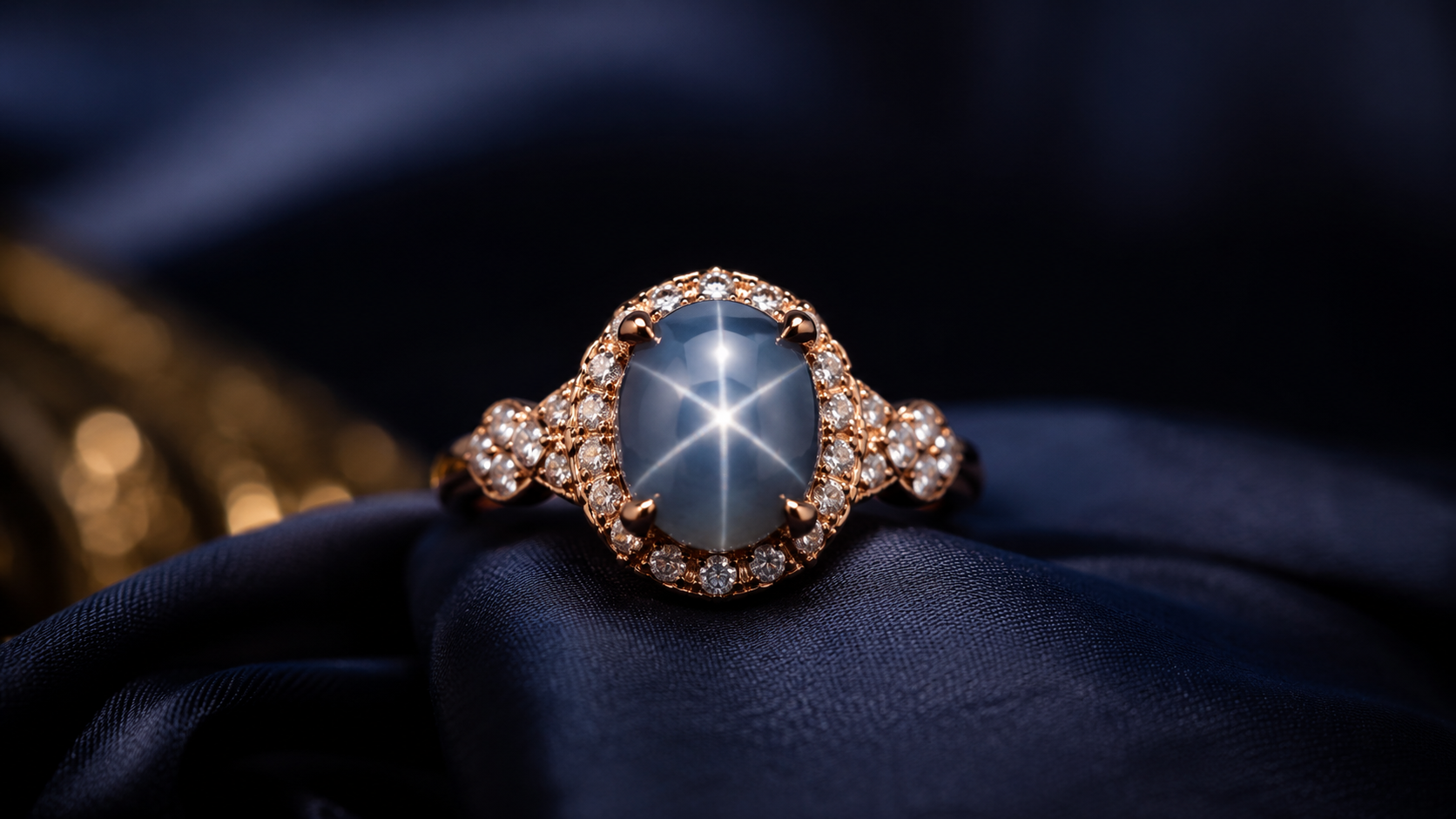 A grey-blue cabochon sapphire showing a six-rayed star under a single point of light