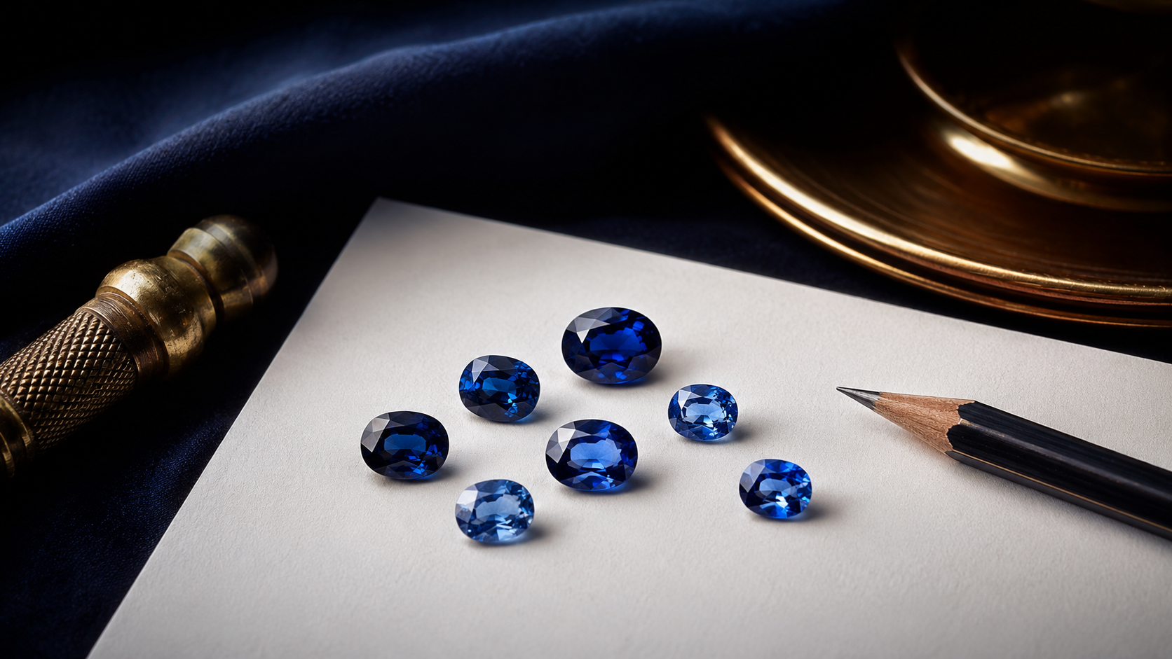 Several loose blue sapphires of slightly different tones laid out on white paper with a pencil beside them