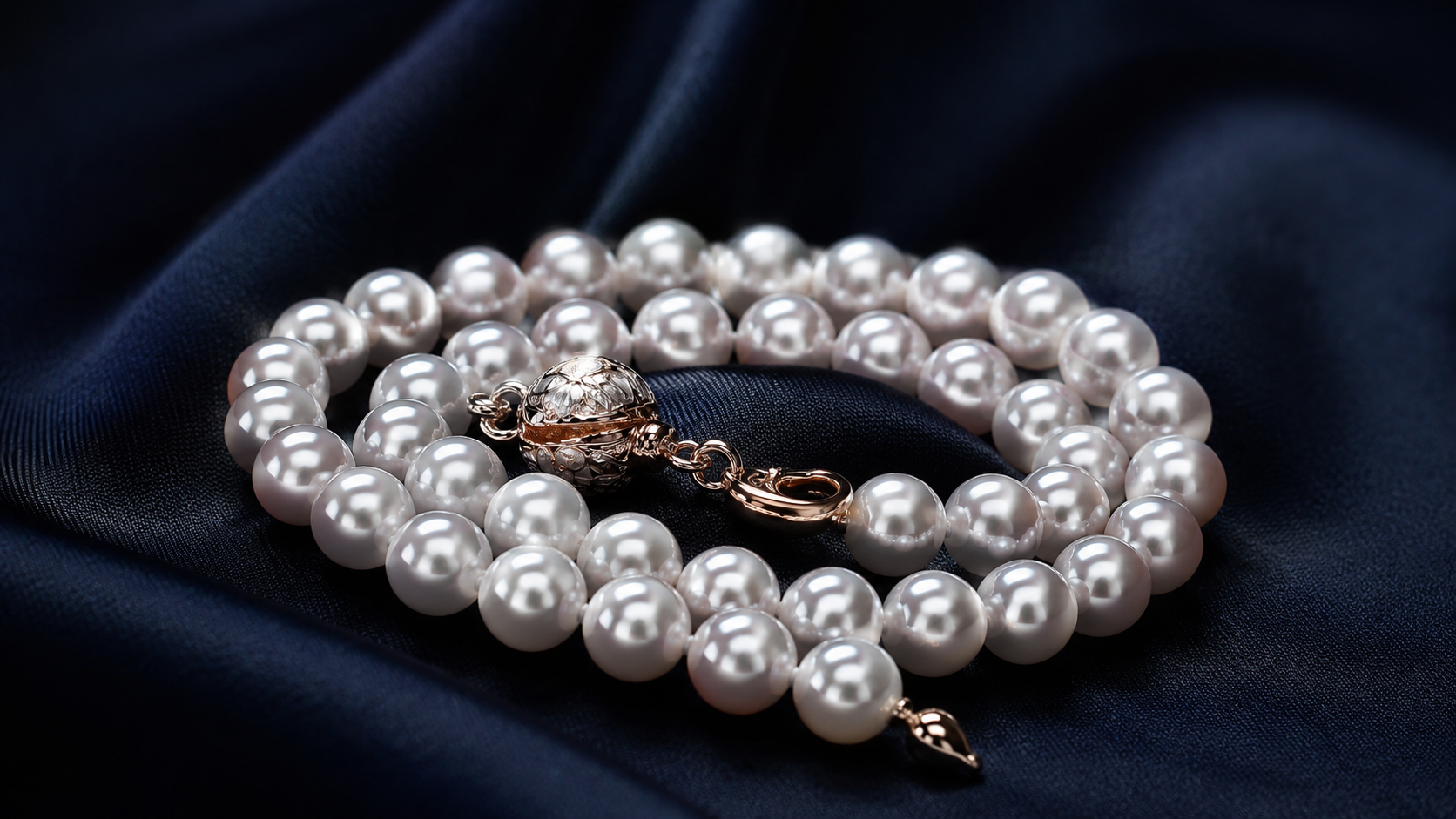 A strand of pearls coiled on grey linen with a sharp window reflection visible on each pearl