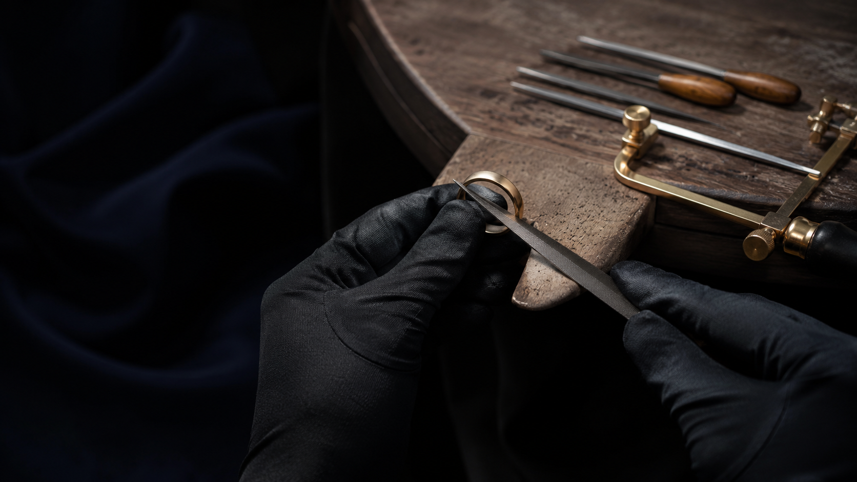 A pair of gloved hands filing a gold ring shank at a jeweller's bench with files and a saw frame nearby