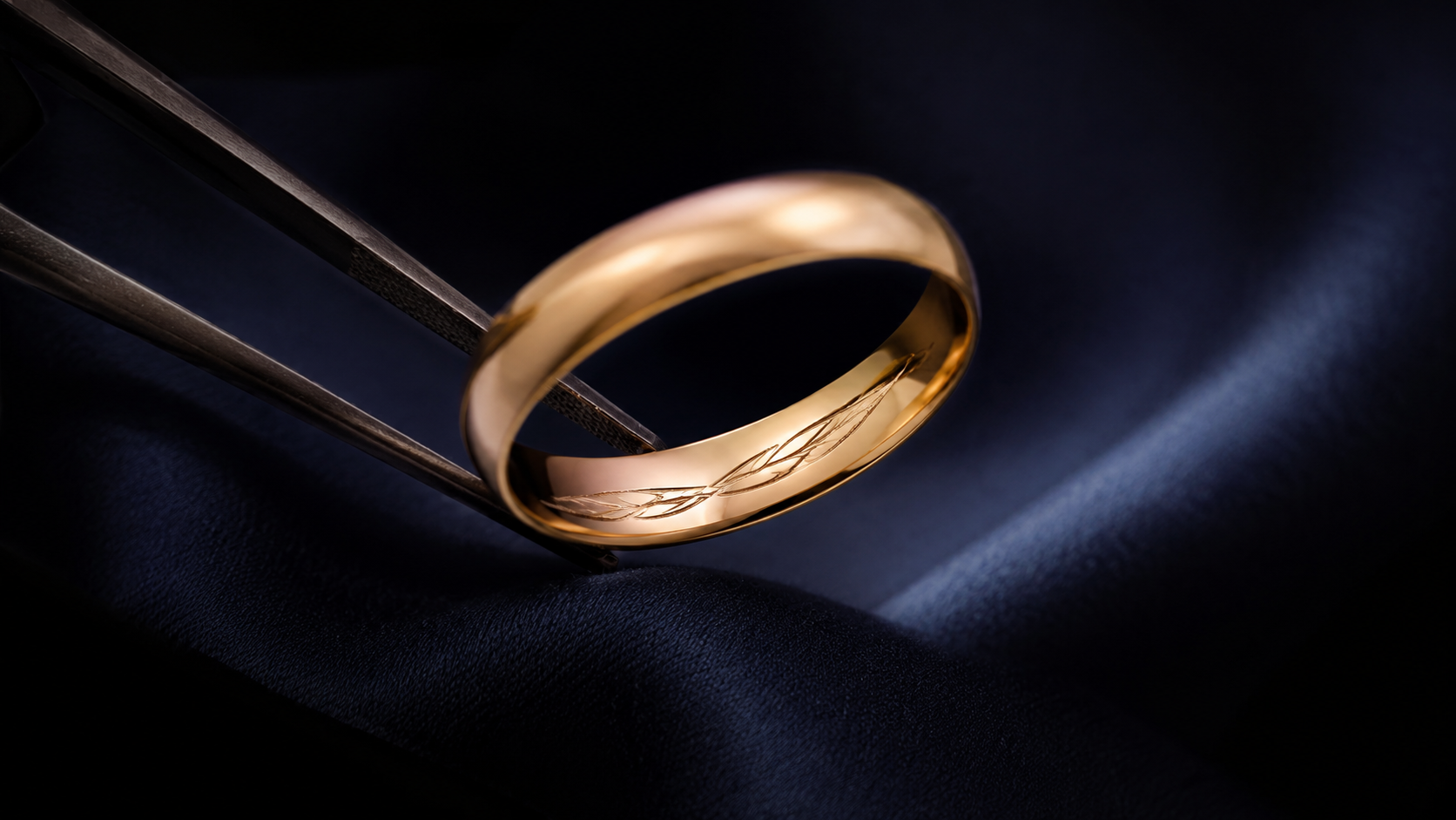 Close view of a gold wedding band held in a ring clamp, showing a short line of script engraved on the inside