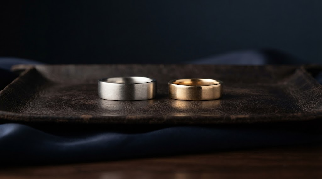A wide brushed platinum band and a yellow gold band side by side on a leather tray