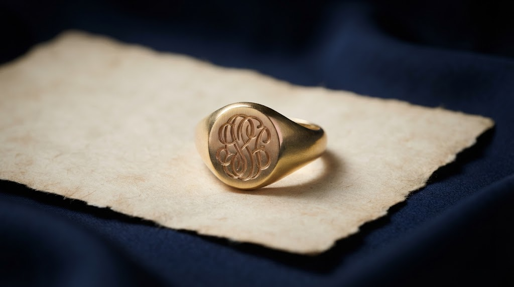 A heavy oval gold signet ring with a deeply engraved monogram resting on parchment