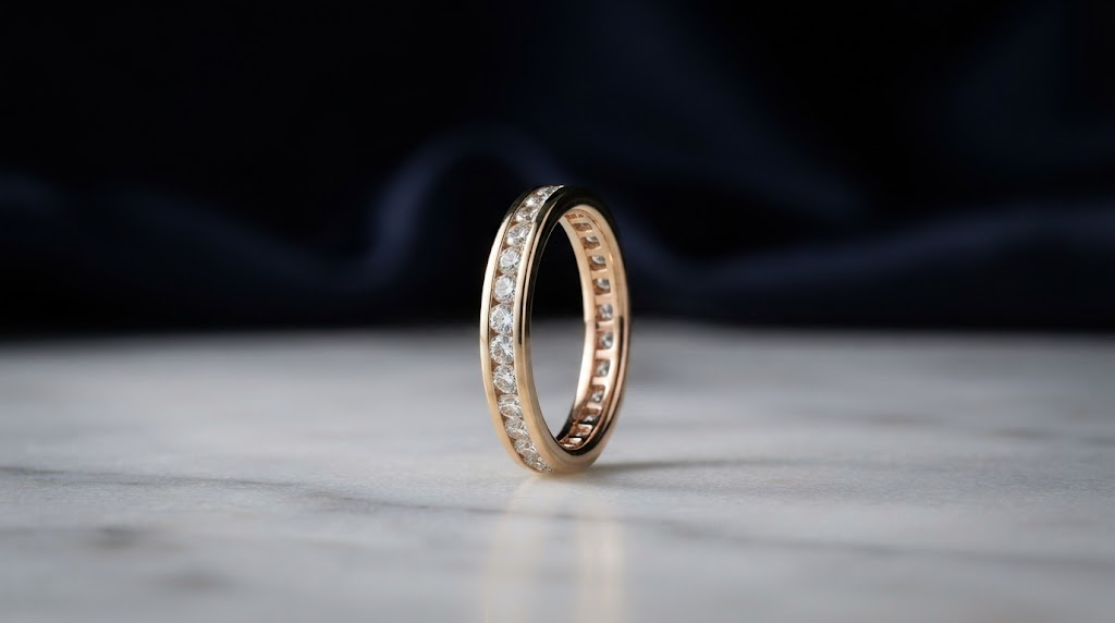 A channel-set diamond eternity band standing upright on a pale marble surface