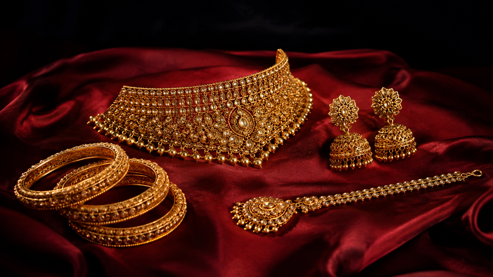 A set of gold wedding jewellery pieces arranged on red silk