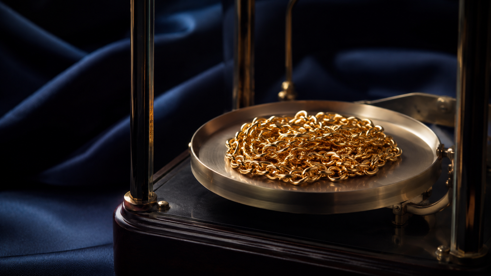 A gold chain being weighed on a jeweller's scale