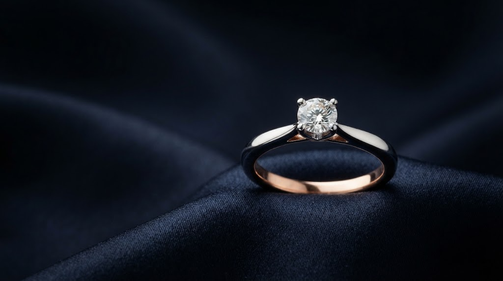 A white gold ring showing a warmer tone on the underside of the band