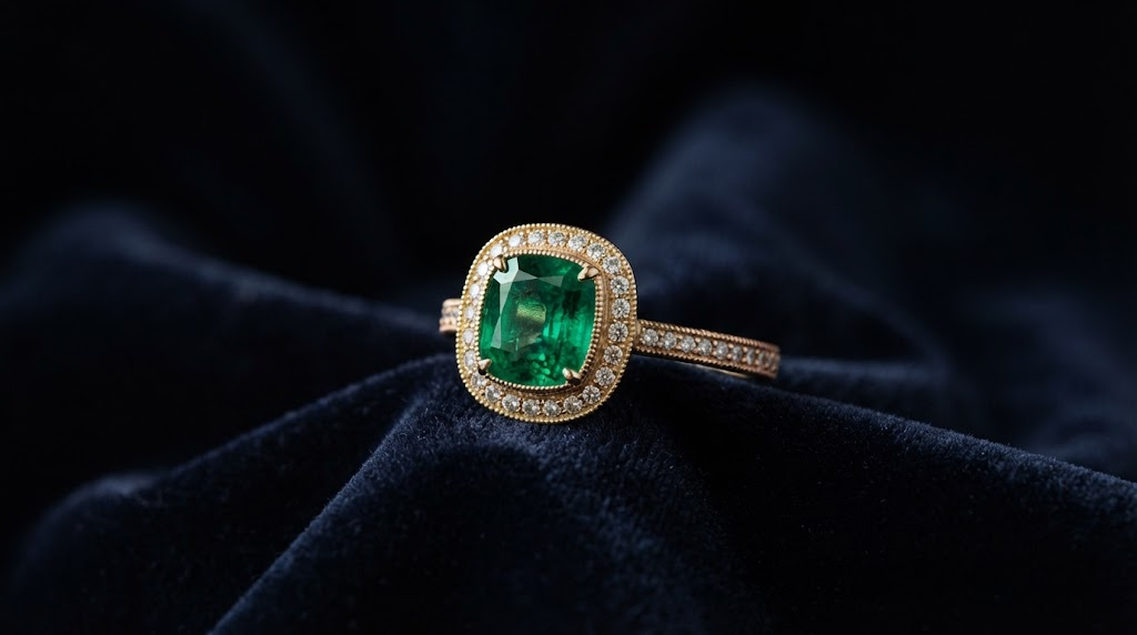 A green emerald ring on a dark surface